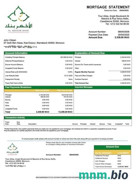 Maroko Al Akhdar Bank (AAB) wyciąg z kredytu hipotecznego szablon Word i PDF